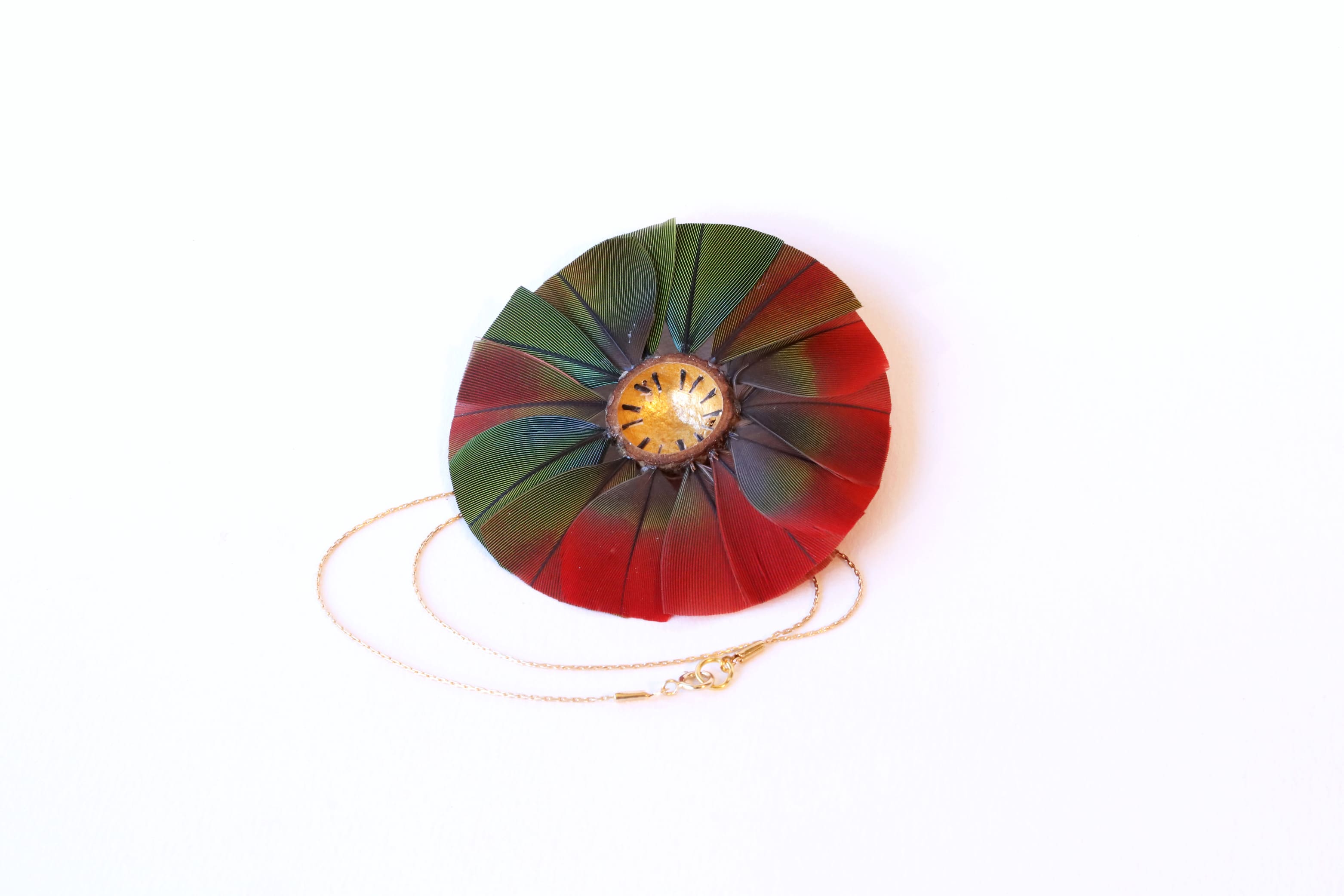 Cupule, feuilles d'or et plumes d'Ara